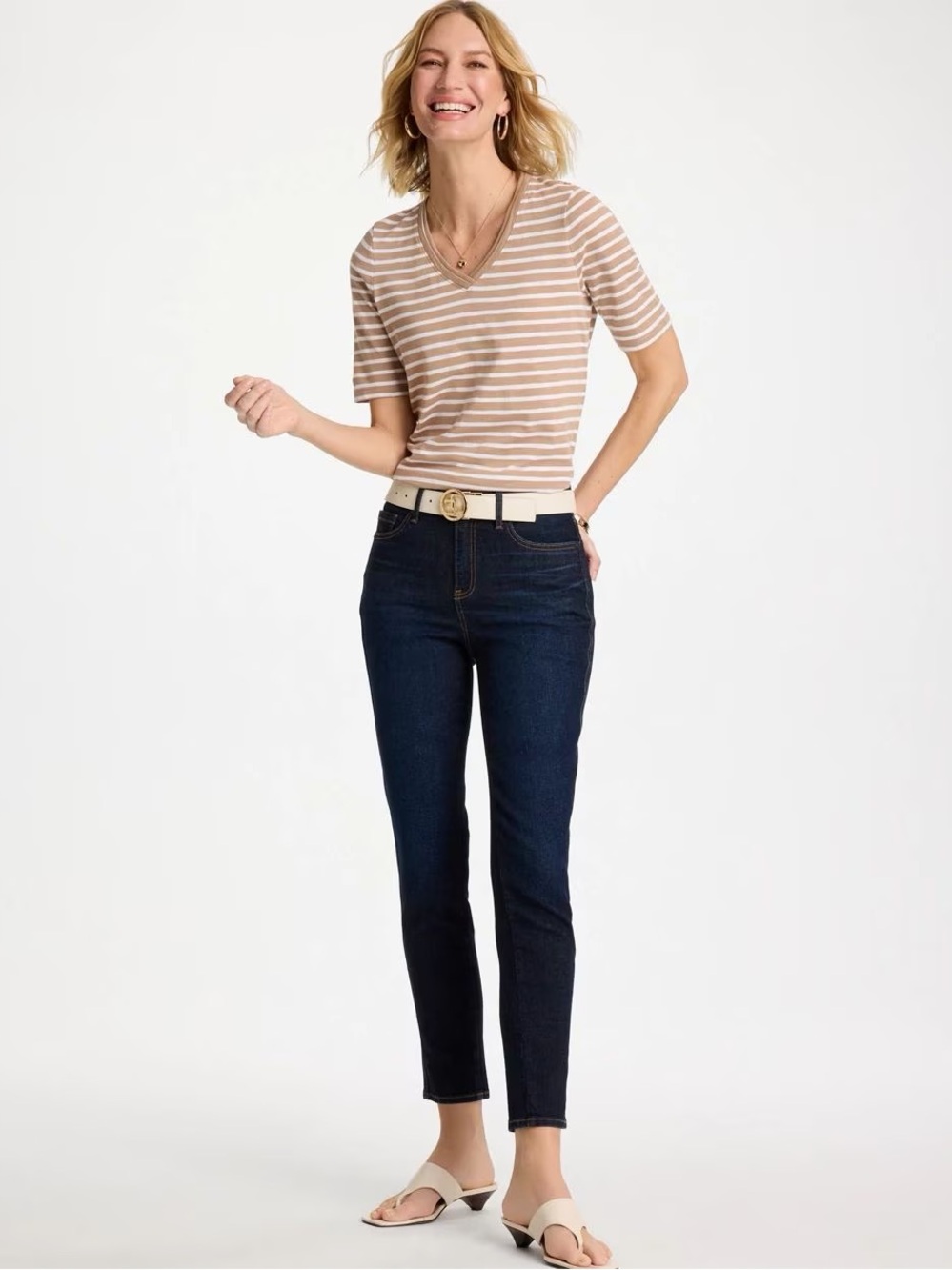 CHICO’S NWT 0 Striped Cotton Slub V-Neck Tee Cattail Brown • Taupe Beige S